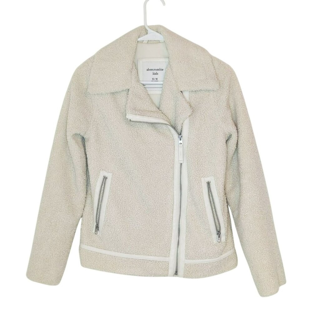 Abercrombie Kids Sherpa Moto Jacket Beige Zip-Up Girls 13/14 Lined Winter Coat